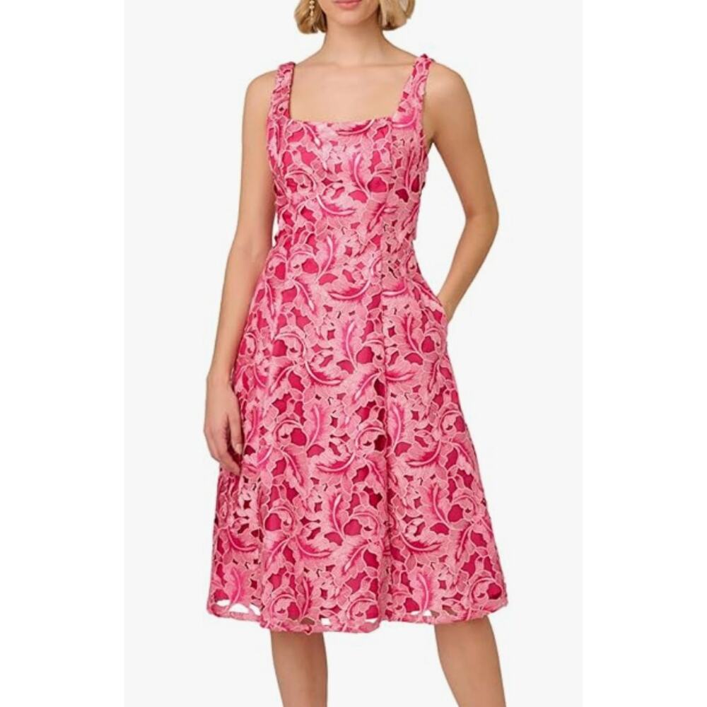 Adrianna Papell Women Tonal Lace Short Dress, Pink, Square Neck, A-Line, 12, NWT